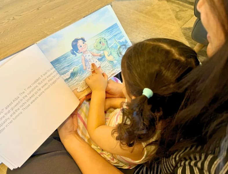 A child reading an interior spread of her personalised Almia hardcover book